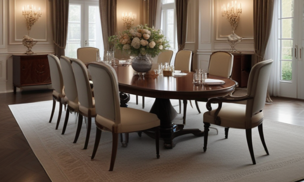 A photorealistic image of a grand dining room featuring a rosewood table as the centerpiece. The room should exude a timeless elegance with elements like plush chairs upholstered in neutral tones, a woven rug in warm colors, and a crystal chandelier casting a soft glow