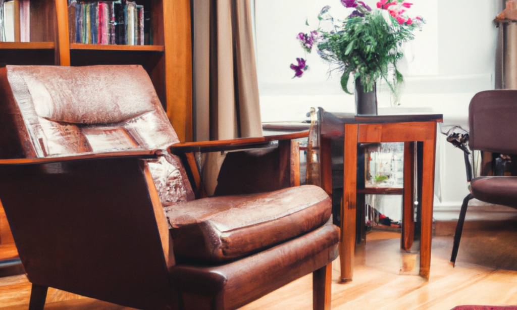 A tastefully arranged living room showcasing several rosewood furniture pieces. Include a classic armchair with a rich, warm brown leather cushion and a sleek side table with a simple floral arrangement on top. In the background, you can partially see a rosewood bookcase filled with interesting hardcovers and decorative objects.